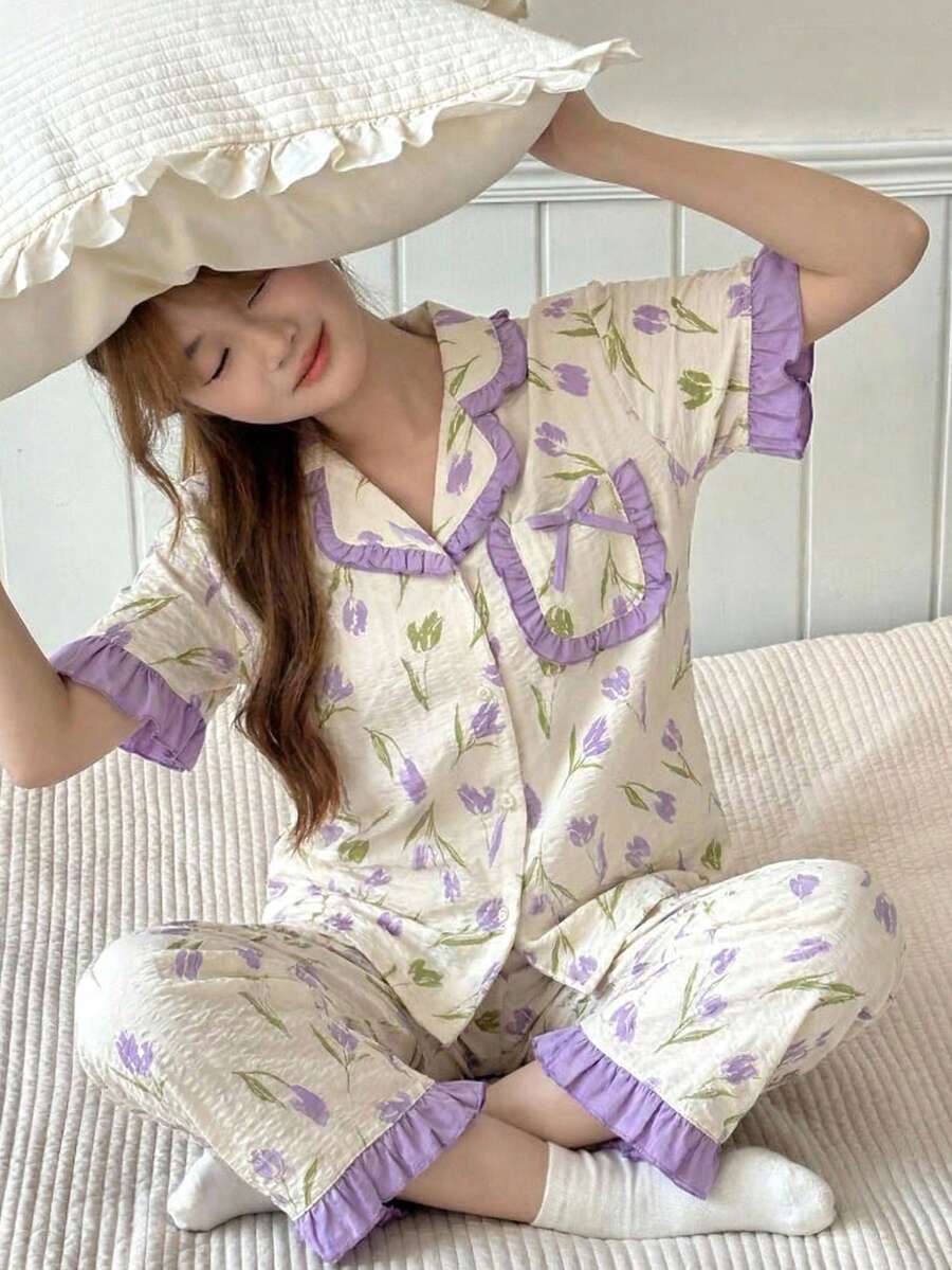SHEIN Teen Girls Floral Print Collar Ruffle Cute Sweet Home Wear Short Sleeve Top And Pants 2 Pieces Set, Purple & Apricot,Kids - Purple - View 1