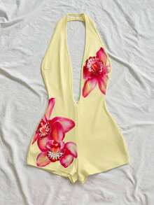 Soleia 女士度假风黄色碎花面料深V领露背性感连体衣，时尚修身连体裤，适合派对、约会、下午茶、波西米亚风度假、海滩、夏季穿着 - 彩色 - 查看 6