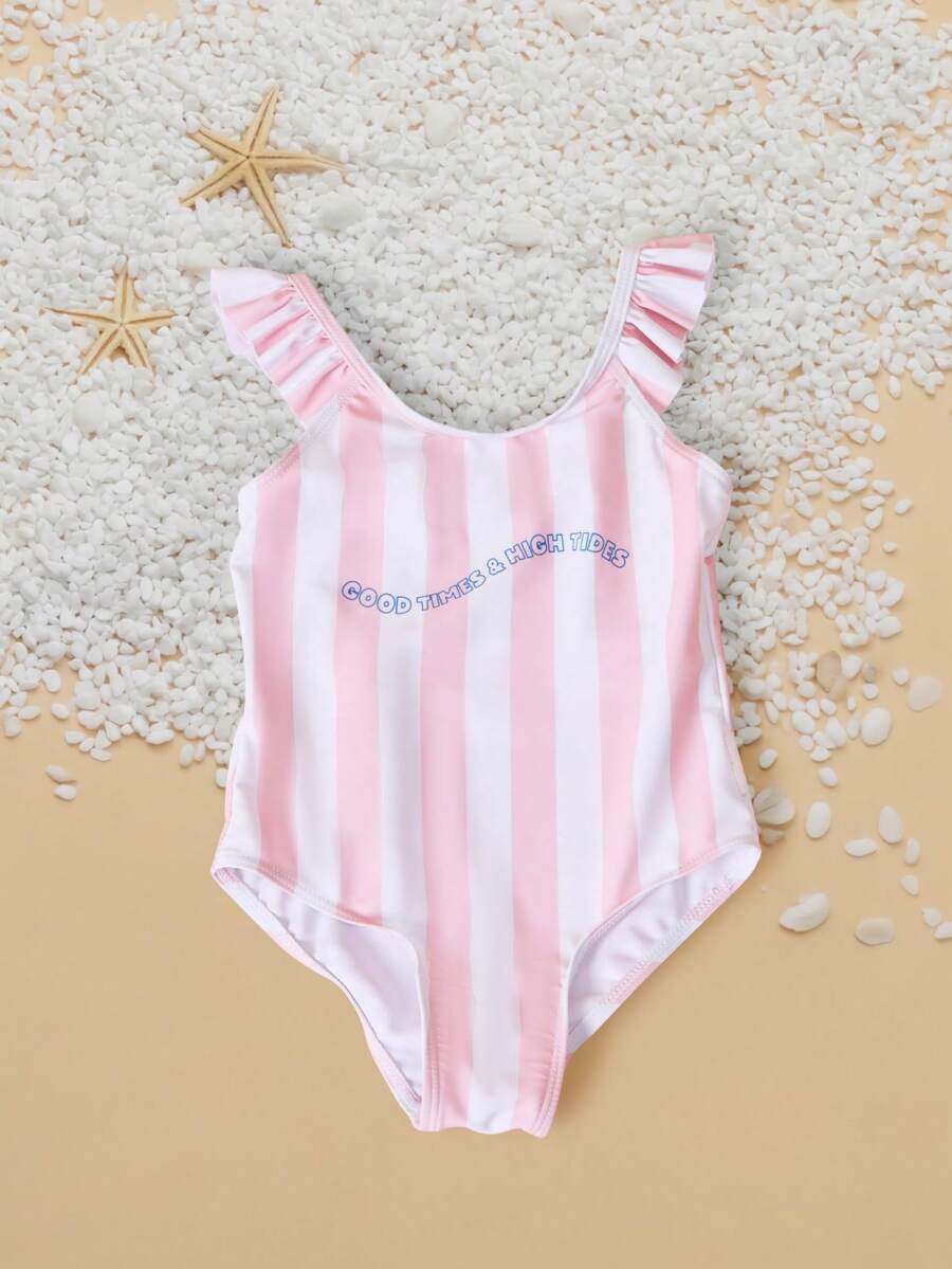 SUMWON Girls Ruffle Strap Pink And White Striped One Piece Swimsuit With Good Times High Tides Slogan Beach Summer Vacation Swim - Baby Pink - View 1