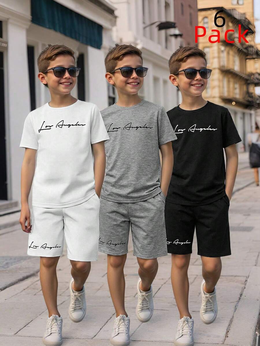 SHEIN 6件套儿童/青少年男童休闲运动多功能印花圆领宽松短袖T恤和短裤两件套，3种款式 x 2套，适合学校、花园、海滩、生日、春季、夏季、秋季、冬季穿着。 - 彩色 - 查看 1