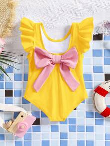 SHEIN Baby Girl Ruffled Sleeve Bowknot Back Decorated One-Piece Swimsuit, Summer - Multicolor - View 2
