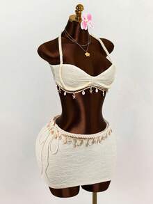 Mistrie Áo tank top nữ phong cách Bohemian đi nghỉ mát biển, trang trí vỏ sò và ngôi sao - Màu be - Xem 4