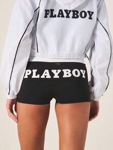 Missguided x Playboy 女士黑色高腰骑行短裤，饰有白色兔子标志，运动修身压缩短裤，适合锻炼训练 - 黑與白 - 查看 4