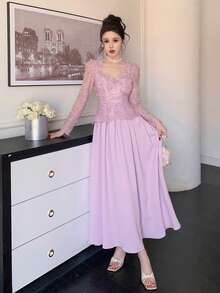 DAZY Spring&Summer Lavender Pink Lace Dress,Elegant Wedding Party,Autumn Banquet Fashion Event,Slim Fit Sheer Mesh Patchwork Full Skirt Long Dress Women - Purple - View 4