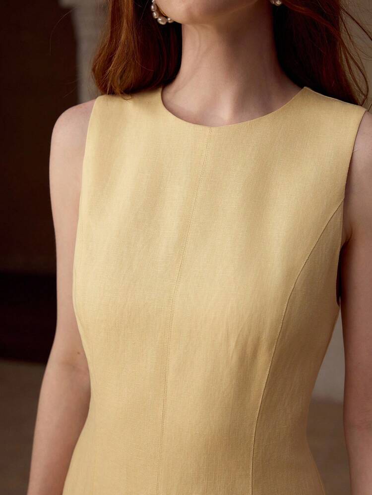 WOMEN'S LINEN BLEND ROUND NECK SLEEVELESS SHORT CASUAL DRESS, SPRING/SUMMER