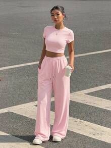SHEIN EZwear 女士纯色圆领短袖露脐T恤和抽绳腰裤休闲套装，浅粉色阔腿裤，舒适两件套 - 淺粉色 - 查看 4