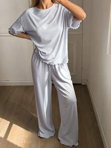 Livesso 女士简约纯色针织宽松睡衣套装，适合夏季家居服穿着 - 灰色 - 查看 6