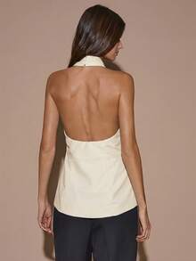 SHEIN BAE 女士纯色棕色/咖啡色优雅露背吊带衫，裹身式上衣，适合秋冬季穿着 - 杏色 - 查看 2