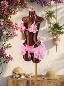 Amplova 三件套女士泳衣套装，包含3D立体花朵罩杯和蝴蝶兰花罩杯，搭配纯色衬里和荷叶边下摆罩衫，前系带设计。 - 粉色 - 查看 6