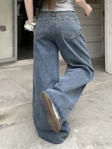 FRIFUL Women's Cotton Blend Back Panel Rhinestone Embellished Casual Straight Leg Jeans - Blue - View 5