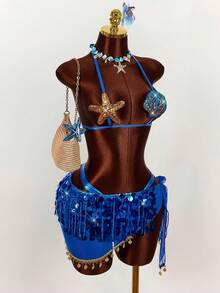Amplova Bộ bikini 3 món dành cho nữ, họa tiết sao biển và vỏ sò, kèm váy đính hạt, gợi cảm, thích hợp cho kỳ nghỉ, lễ hội âm nhạc, mùa xuân/hè. - Màu xanh lam - Xem 11