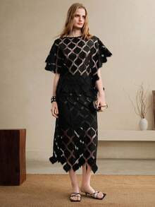 Arave 女士蕾丝高腰修身不对称下摆蕾丝半身裙，优雅约会之选 - 黑色 - 查看 6