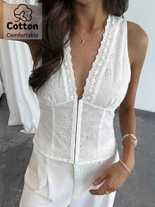 Aloruh Women's Deep V-Neck White Eyelet Embroidery Button-Up Shirt, Spring/Summer - White - View 9