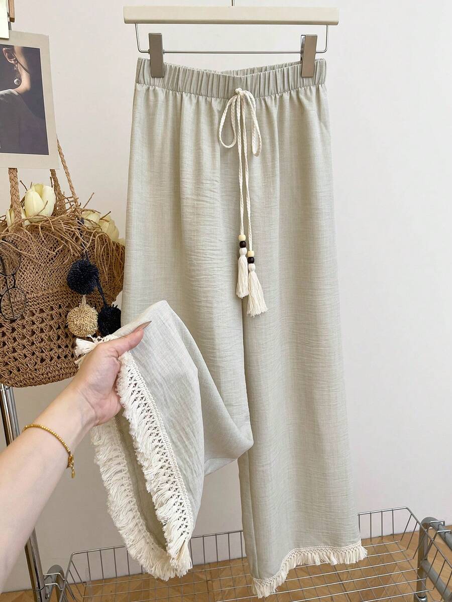 GlowEve 2026夏季新款流苏拼接休闲直筒阔腿百搭裤 - 杏色 - 查看 1