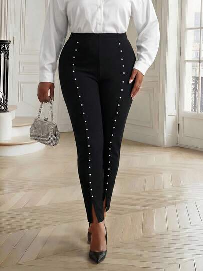 Fleurora 秋冬优雅黑色针织长开叉串珠大码打底裤职业装女装高腰打底裤