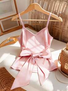 GlowEve Camiseta de mujer con diseño de lazo en la cintura, elegante para uso diario, vacaciones, salidas, fiestas, primavera/verano - Rosa - Ver 5