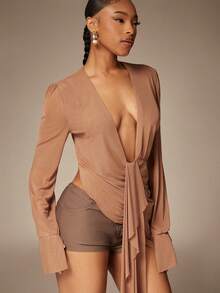 Denimoi Women's Asymmetrical Design Sexy Deep V-Neck Mesh Blouse - Brown - View 3