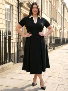 ELLERISSA 大码女士时尚职业装连衣裙，撞色领中长连衣裙，秋冬季短袖柔软纯色修身连衣裙，适合派对、办公室、鸡尾酒会等场合，也适合日常外出和聚会，商务休闲女士优雅晚礼服 - 藍色 - 查看 5