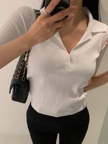 DAZY Damen Einfarbiges Slim Fit Kurzarm Poloshirt Leichter Lässig Sommer Strick Top - Weiss - Übersicht 1