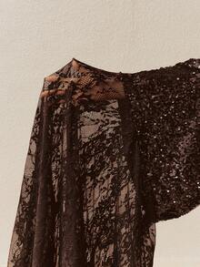 Arave Women's Elegant Sequin Contrast Lace Black Skirt, Party - Coffee Brown - View 8