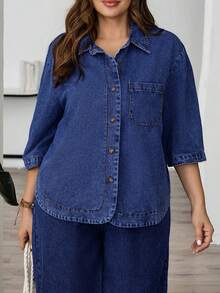 EMERY ROSE EMERY ROSE Blusa vaquera casual versátil de manga 3/4 con botones delanteros para tallas grandes - Azul lavado oscuro - Ver 8