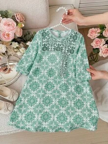 SHEIN 1 Pieza Vestido suelto de color morado claro con cuello de pétalo, lazo de diamante en el frente y estampado floral retro para niña bebé. Cómodo, casual y versátil, adecuado para fiestas de cumpleaños, fiestas de noche, actuaciones, bodas, bautizos, ceremonias de apertura, interior, exterior, diario, deportes, juegos, fiestas, fotos, vacaciones, festivales, apropiado para primavera, otoño e invierno - Multicolor - Ver 3