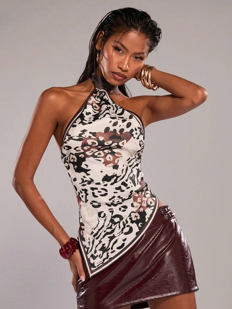 SHEIN BAE Leoparden-Muster Trägertop mit freiem Rücken, asymmetrischer Saum sexy Clubwear, geeignet für Festivals, Partys, Musikveranstaltungen - Braun - Übersicht 1