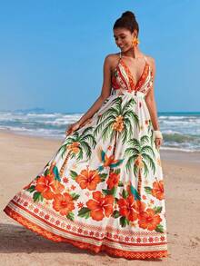 Travachic Women's Tropical Print Maxi Deep V Neck Dress, Vacation,Women's Dresses, Tropical Vacation, Bohemian Outfits, Ibiza Outfits, Western Style - Multicolor - View 1