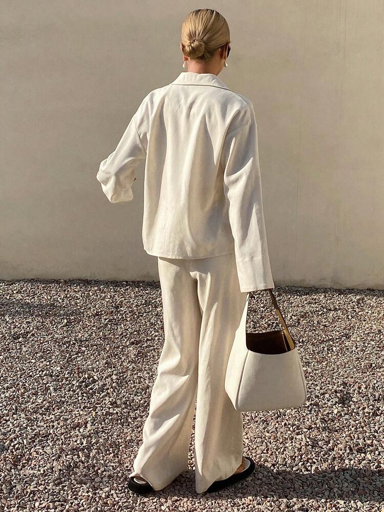 Women's Solid Color Lapel Single-Breasted Long Sleeve Top And Wide-Leg Pants 2 Pieces Casual Outfit Summer