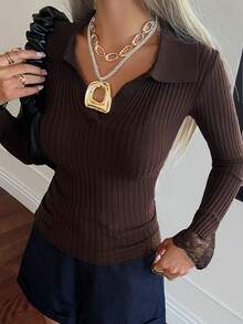 Suéter de manga larga ajustado y casual para mujer, otoño - Café integral - Ver 3