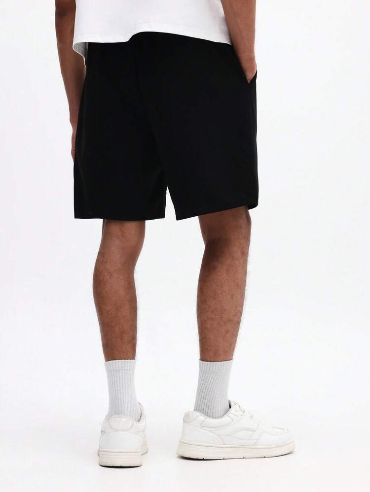 SUMWON Men's Black Drawstring Shorts With Script Logo Embroidery Summer Casual Loose Fit Bermuda Length Everyday Loungewear Comfortable Elastic Waistband