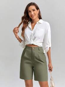 SHEIN Clasi 女士纯色高腰褶裥休闲七分裤 - 綠色 - 查看 4