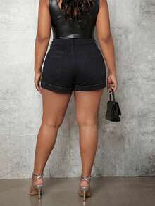 Slaydiva Plus Size Pearl Chain Decor Distressed Denim Shorts Party Luxury Diamond Sparkling Pearl Shiny - Black - View 6