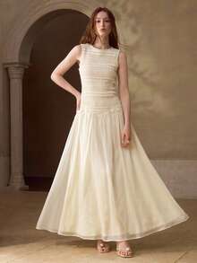 MOTF PREMIUM SPRING/SUMMER NEW KNITTED EMBROIDERED PATCHWORK SHINY CHIFFON SLEEVELESS ROUND NECK WOMEN LONG DRESS - Apricot - View 1