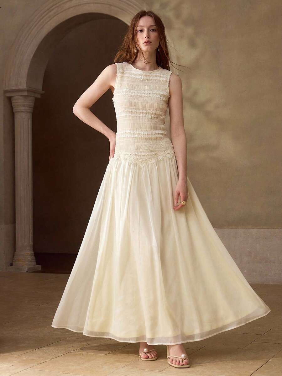 MOTF PREMIUM SPRING/SUMMER NEW KNITTED EMBROIDERED PATCHWORK SHINY CHIFFON SLEEVELESS ROUND NECK WOMEN LONG DRESS - Apricot - View 1