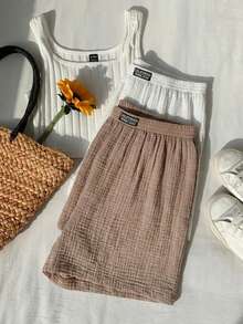 Comfortcana 2件套100%纯棉女士字母提花阔腿短裤套装，夏季短裤 - 彩色 - 查看 3