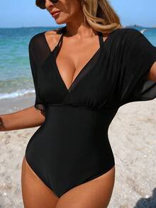 SHEIN Swim Women's Black One-Piece Swimsuit Contrast Mesh Batwing Sleeve Bathing Suit,Summer Tropical Beach Holiday Vacation Holiday Solid Color Cover Up Style - Black - View 4