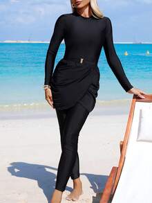 Swim Mulvari Bộ Burkini dài tay và quần dài màu trơn dành cho nữ kèm váy, đồ bơi che phủ màu đen, đồ bơi đi biển màu đen, váy dài tay màu đen, váy đi biển màu đen, váy đi nghỉ mát màu đen, váy liền thân cho nữ, đồ bơi nữ, đồ bơi che phủ toàn thân 4 trong 1 cho nữ kèm áo khoác ngoài, đồ bơi nữ - màu đen - Xem 2
