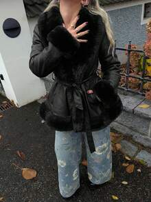 Jeta Ari 女有領和腰帶格紋拼布大衣 - 黑色 - 查看 3