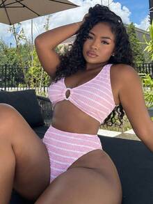Alexandranx Women's Summer Beach Vacation Colorblock Striped Print Ruched Bandeau Bikini Set - Pink - View 3