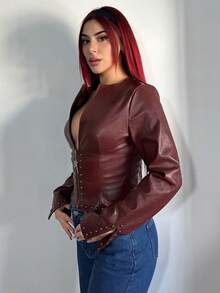 Bearsaez Wine Red Street Style Long Sleeve Leather Jacket,Leather Jacket,Burgundy ,Punk,,Fall Clothes For Women,Winter,Cropped Jacket,Streetwear, - Burgundy - View 3