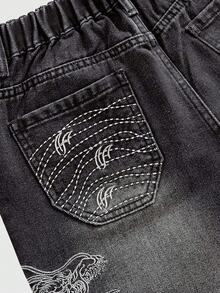 ROMWE MEN Street Life Teen Boys Elastic Waist Fashionable Versatile Straight Leg Casual Jeans - Black - View 13