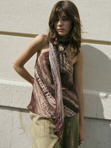 Nöista This Elegant Off-The-Shoulder, Bias-Cut Printed Silk Tie-Front Top Features A Predominantly Brown Color Scheme. Its Flowing Silhouette, Metal Buckle, Abstract Print, And Lightweight Silk Fabric Make It An Ideal Choice For Layering In Casual Or For Sophisticated Everyday Wear In Spring And Summer. - Coffee Brown - View 6