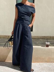 Livesso 女士夏季不对称肩部收腰上衣和休闲裤两件套，藏蓝色 - 藏蓝色 - 查看 3