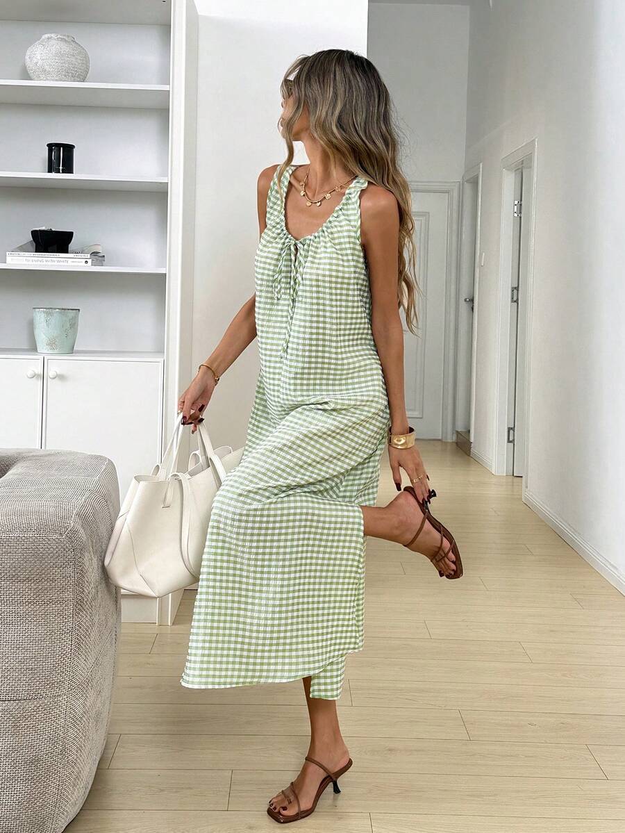 Easowa Đầm nữ kẻ caro buộc dây phía trước, dáng suông, không tay, dài đến đầu gối, kiểu dáng thường ngày. - Màu xanh nhạt - Xem 1