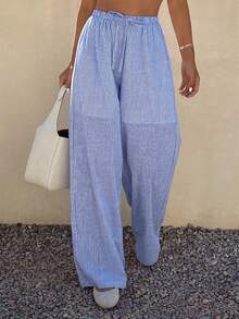 DAZY Women's Casual Striped Elastic Waist Wide Leg Pants, Spring/Summer - Blue - View 7