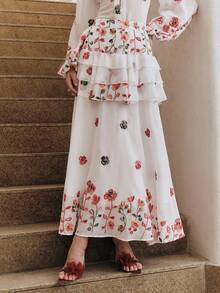 Anewsta Romantic French Floral Embroidery Layered Ruffle Hem High Waist Skirt - White - View 2