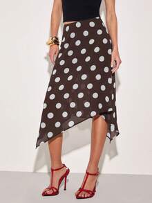 COSMINA Women's Polka Dot Chiffon Irregular Hem Skirt, Fashion Item For Daily Wear, Date, New Year, Versatile, Elegant Skirt, Suitable For Street Style Brown Polka Dot Skirt Asymmetrical Skirt Polka Dot Outfit Women - Brown - View 5