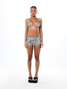 BABYPHAT Women's Leopard Print Bikini Bottom Swim Shorts With Contrast Stitching Blue Accents Summer Beach Vacation Swimwear - Apricot - View 3