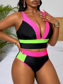 Slaydiva Plus Size Women's Simple Splice Thick Strap Swimwear Set, Suitable For Beach Vacation, Spring/Summer - Multicolor - View 5